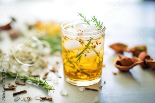 closeup of iced herbal tea with ice cubes made from herbs