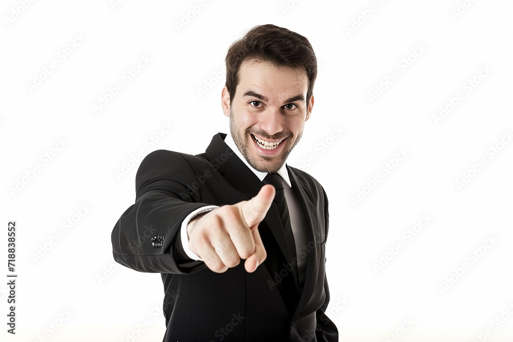 a young man is pointing to the side while standing on white isolated background a young man is pointing to the side while standing on white isolated background