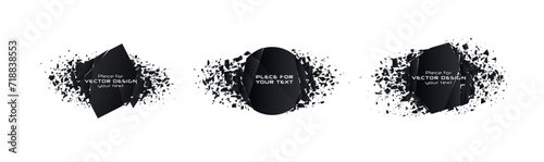 Abstract explosion geometric shapes. Flying black shapes explosion, particles spray isolated on white. Shatter and destruction effect. 