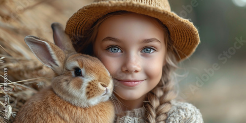 Lovely girl with companion animal, bunny rabbit, cat, dog. Generative AI. © unikyluckk