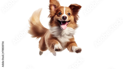 Realistic picture of a cute happy dog. Jumping on white background © Pixel Town