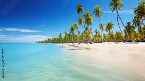 beautiful beach and tropical sea with green coconut trees  clear blue sky
