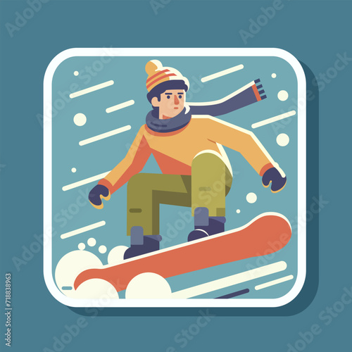 Winter sport snowboarding. Colorful cartoon character snowboarder. Flat vector illustration. Colorful poster card with riding man. Picture or sticker with ski activity isolated on blue background.