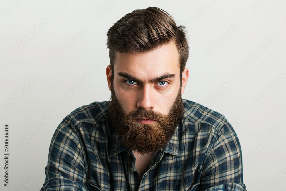 closeup of serious man with beard on white isolated background closeup of serious man with beard on white isolated background