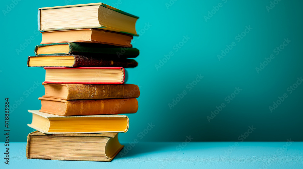 Stack of books close-up on minimalist background with copy space. International book day concept Stack of books close-up on minimalist background with copy space. International book day concept