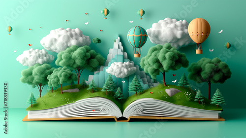 Close-up illustration of an open Pop-up style book coming to life. International book day concept