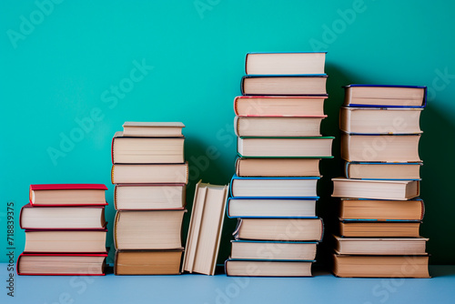 Stack of books close-up on minimalist background with copy space. International book day concept photo