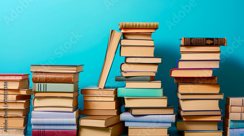 Stack of books close-up on minimalist background with copy space. International book day concept