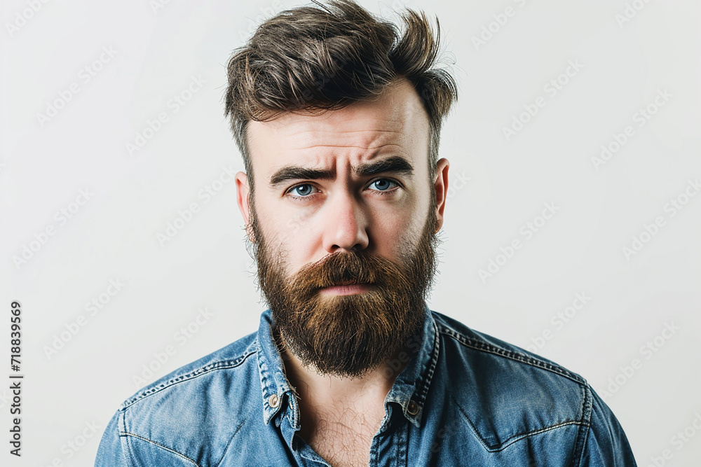 closeup of serious man with beard on white isolated background closeup of serious man with beard on white isolated background