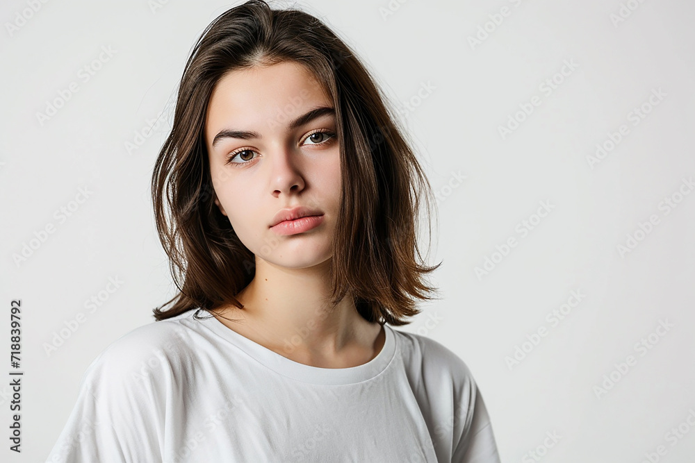 portrait of attractive serious woman with white t shirt on white isolated background portrait of attractive serious woman with white t shirt on white isolated background