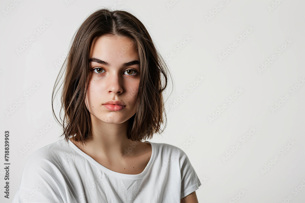 portrait of attractive serious woman with white t shirt on white isolated background portrait of attractive serious woman with white t shirt on white isolated background