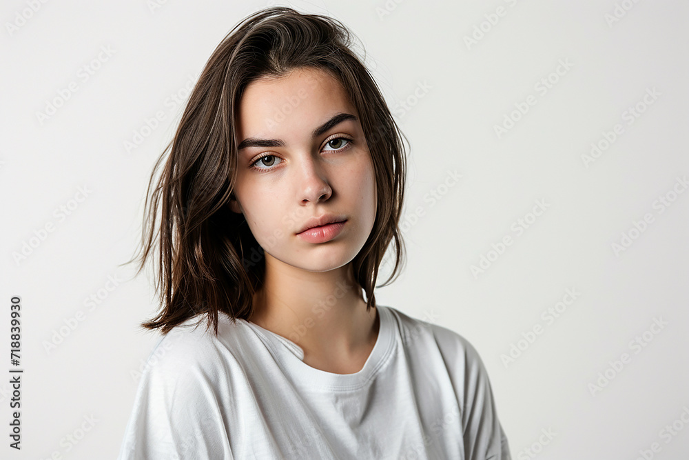 portrait of attractive serious woman with white t shirt on white isolated background portrait of attractive serious woman with white t shirt on white isolated background