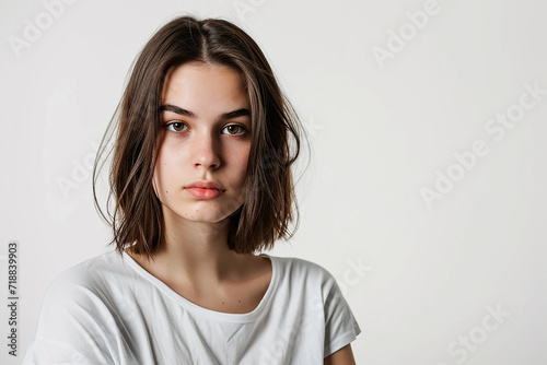 portrait of attractive serious woman with white t shirt on white isolated background