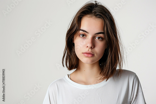 portrait of attractive serious woman with white t shirt on white isolated background