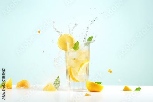 refreshing lemonade splash with lemons and ice cubes flying