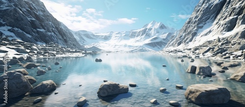 beautiful shot of a crystal clear lake next to a snowy mountain base during a sunny day