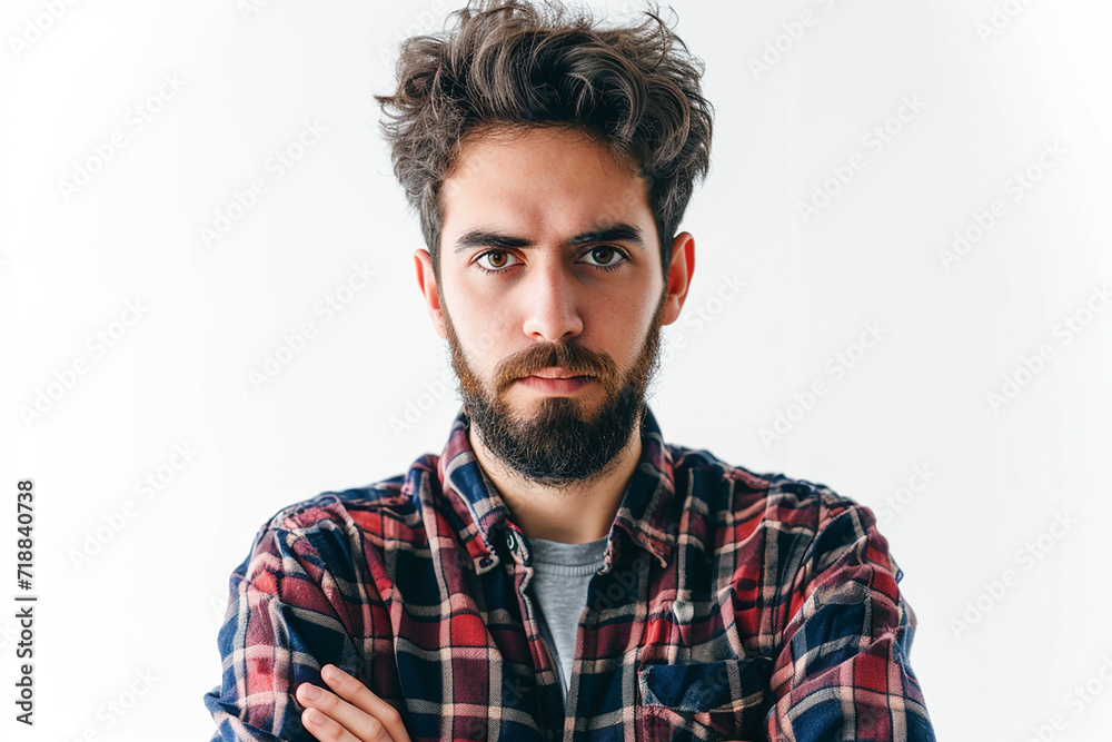 closeup of serious man with beard on white isolated background closeup of serious man with beard on white isolated background