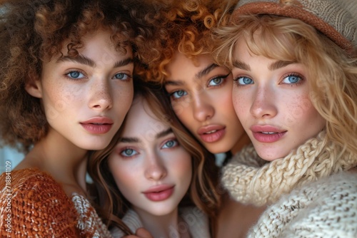Fall Fashion Trendsetters: A Group of 5 Women in Sweaters and Scarves Generative AI