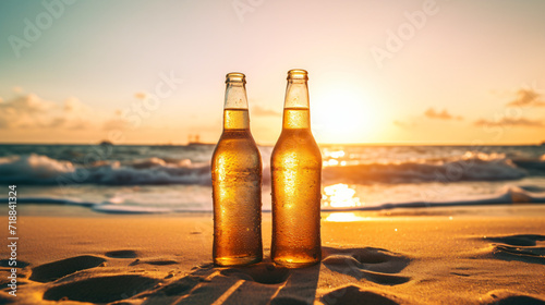 Two bottles of beer on the beach. Rest