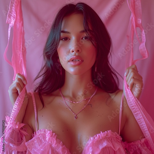 Pink Power: A Sultry Selfie in a Pink Lingerie Set Generative AI photo