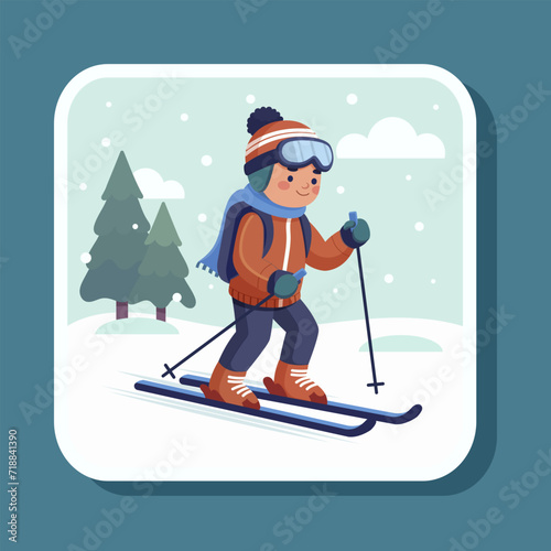 Young man at winter sport skiing. Colorful cartoon character man skier. Poster with smiling happy man on winter weekend. Picture card with ski activity on snowy blue background. Vector illustration