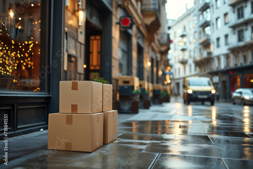 A concept of online shopping delivery, cardboard boxes placed on the wet pavement waiting for the recipient, in background yellow delivery van is visible, indicating recent drop-off of these packages © avitali