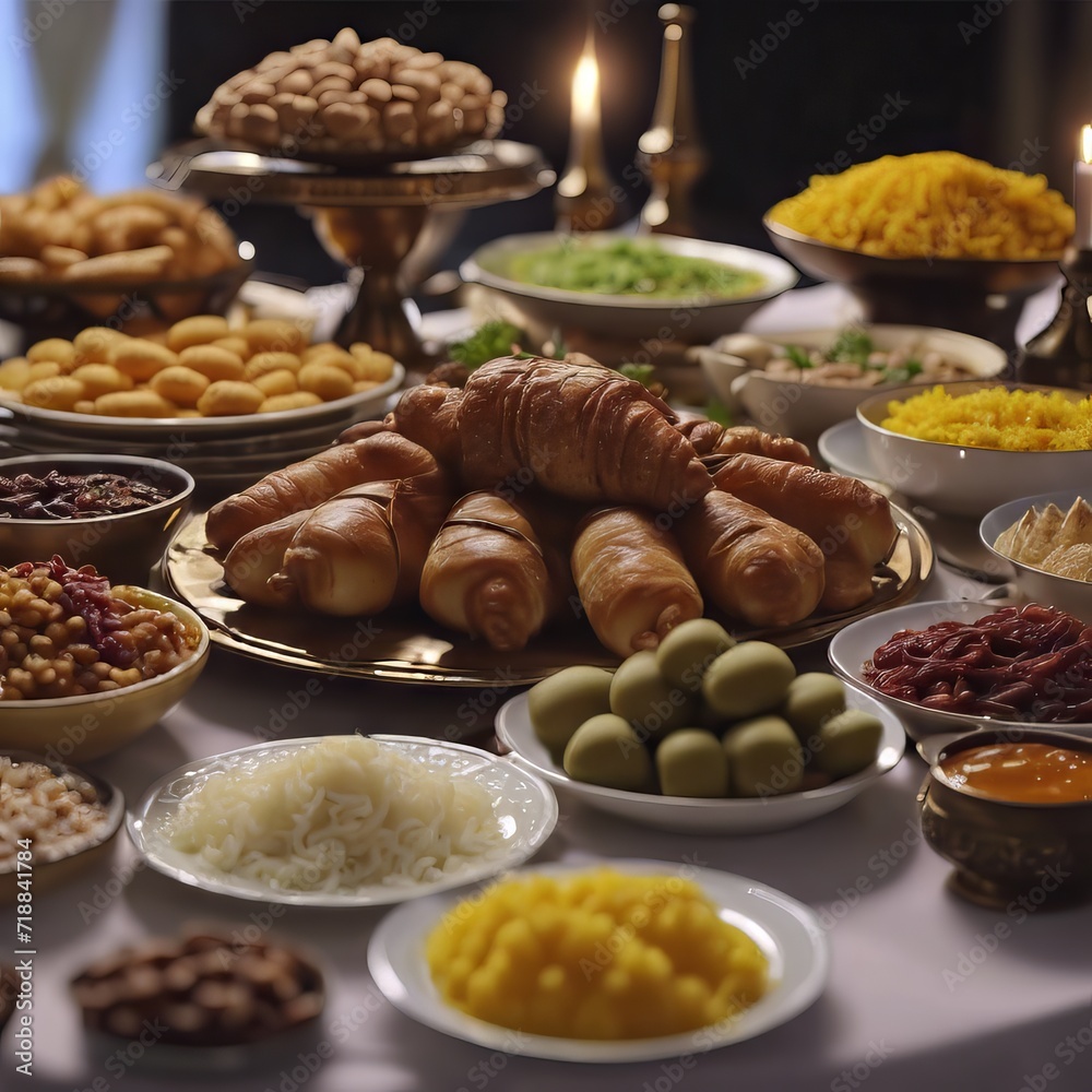 Various Foods on the Table in Eid al-Fitr Celebration for Eid al-Fitr Background Various Foods on the Table in Eid al-Fitr Celebration for Eid al-Fitr Background