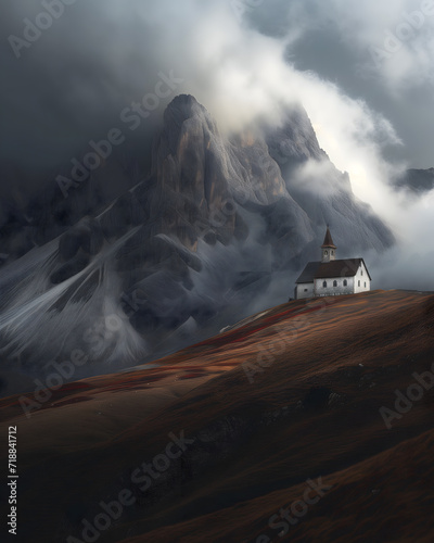 Church in the mountains computer digital drawing