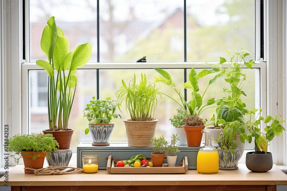 indoor window garden with assorted leafy greens