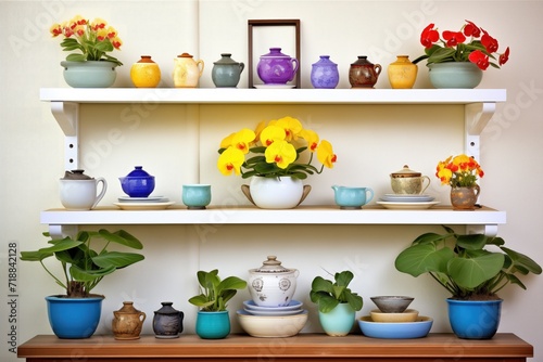 array of colorful african violets on shelves photo