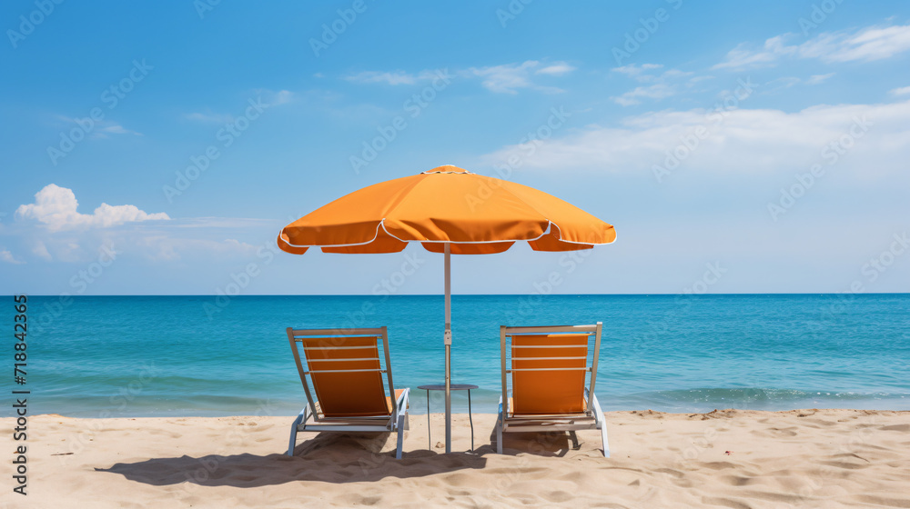 Two sun loungers under an umbrella on the beach