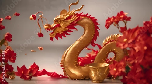 Dragon and red and gold paper flowers Chinese decoration backgroundt photo