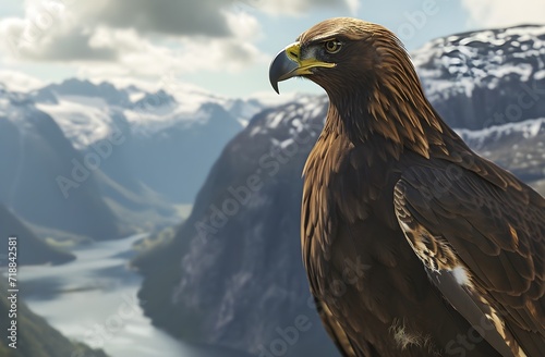 a big golden eagle stands above mountain range