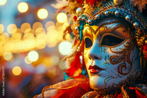  a close-up view of a traditional Venetian mask, richly decorated and set against a backdrop of festive lights