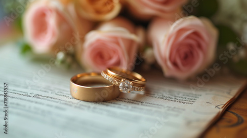 wedding rings on a bouquet of roses and love letter