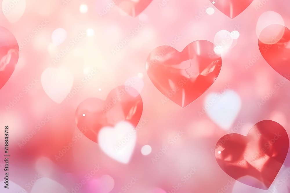 pink background with transparent hearts in the foreground, with copy space