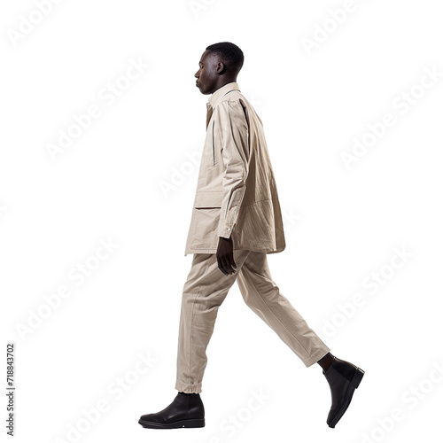 casual modern man walking, side view isolated on transparent background