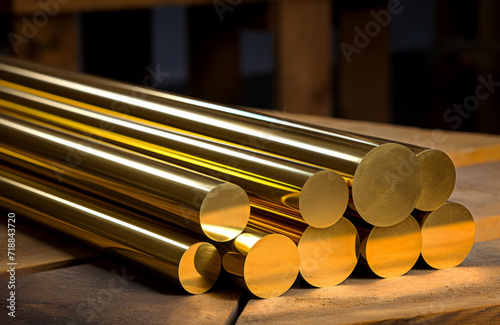 A collection of brass rods CuZn39Pb3, meticulously arranged in parallel on a wooden surface. The round bars gleam under the soft lighting, highlighting their smooth texture and cylindrical shape