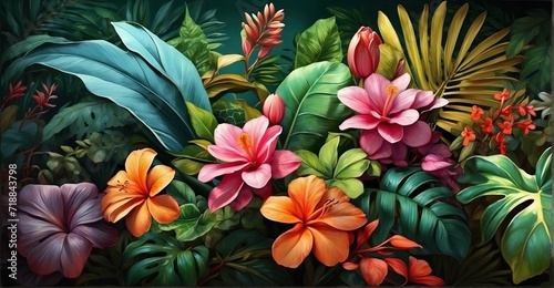 Notanical herbal exotic tropical plants herbs flowers botanical foliage background nature jungle landscape. Graphic Art © Pham Ty