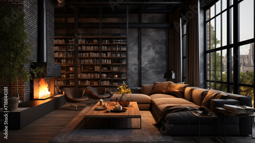 Dark living room loft with fireplace industrial style, interior, room, home, house, furniture, chair, living, luxury, sofa, table, design, decor, window, classic, lamp, light, bedroom, living room