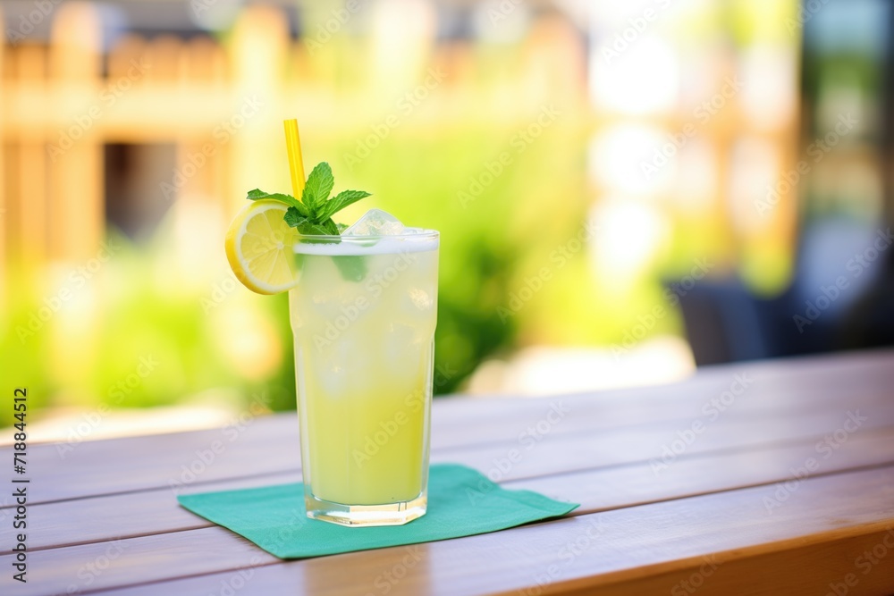 glass of lemonade with mint and ice on a sunny patio table glass of lemonade with mint and ice on a sunny patio table
