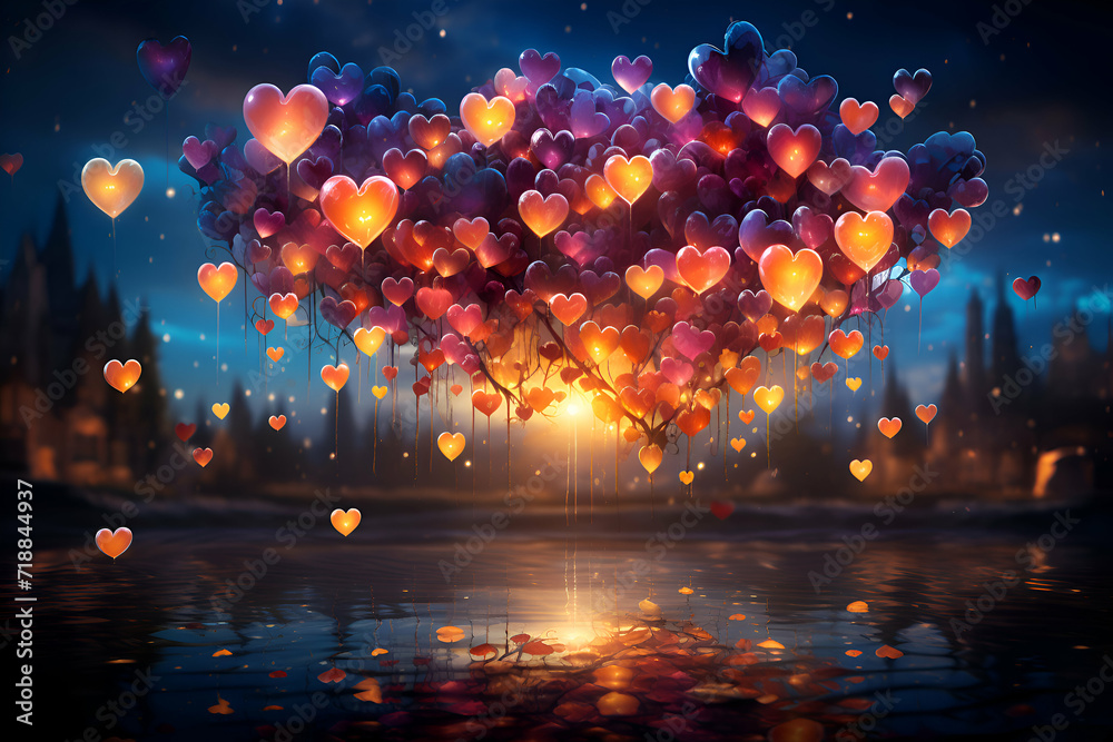 Heart shaped balloons floating in the night sky. 3D rendering.