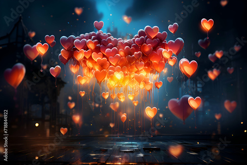 Heart shaped balloons flying in the night sky. 3D Rendering