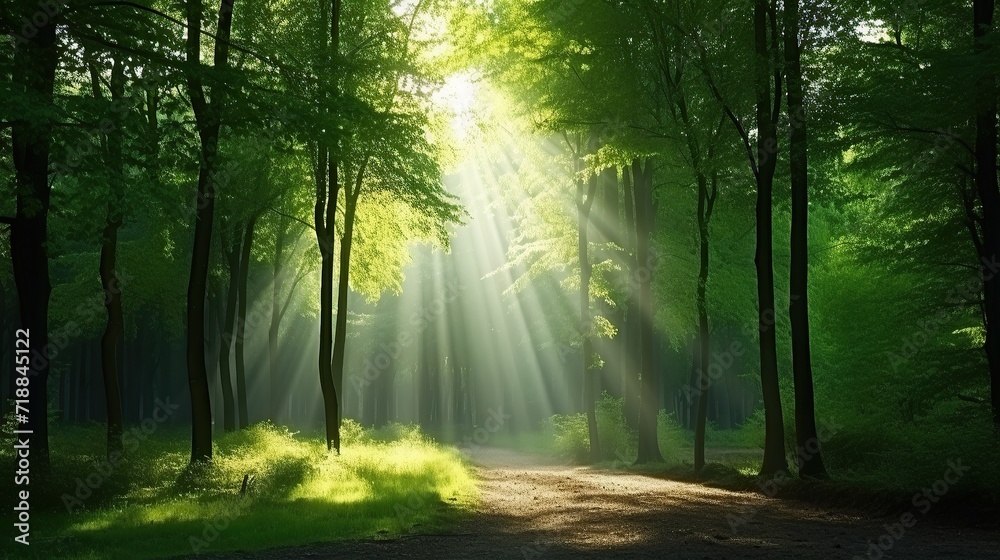 Forest landscape, Beautiful sunlight in green forest