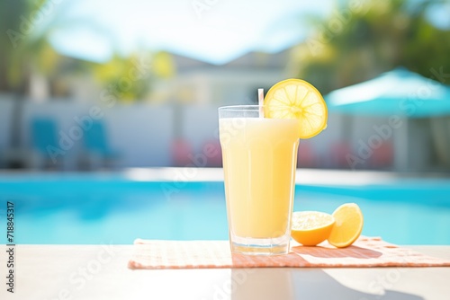 frosty glass of lemonade by a poolside on a sunny day