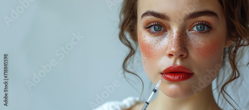 Getting lip filler at clinic, doctor hands making hyaluronic acid injection for beautiful lady in clinic. Cosmetic injection in lips close up photo