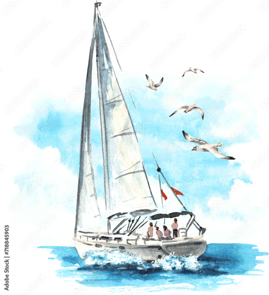 Naklejka premium Sea boat, yacht and seagulls set. Hand drawn watercolor illustration isolated on white background