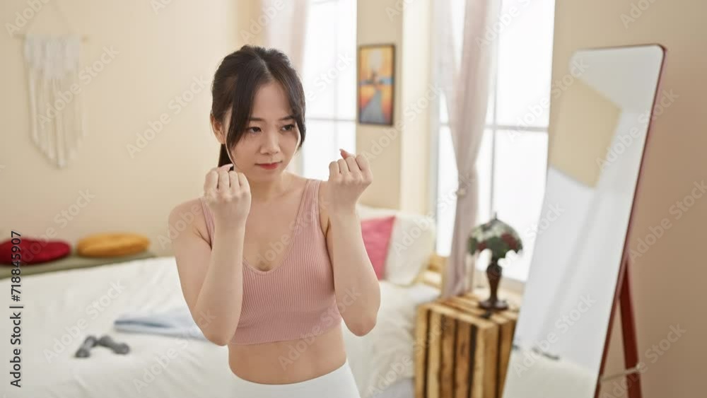 A young asian woman in activewear practicing shadow boxing in her bright home bedroom.