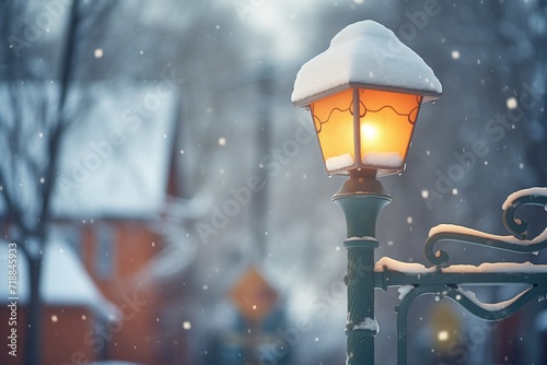 street lamp casting light on a snowy evening photo