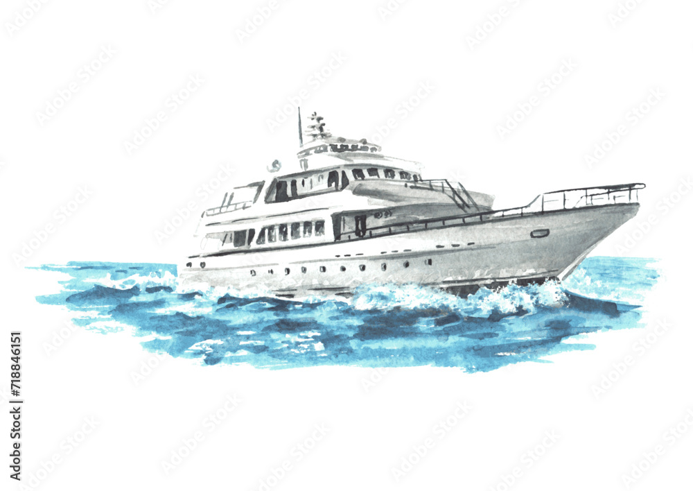 Sea boat, yacht and seagulls set. Hand drawn watercolor illustration  isolated on white background